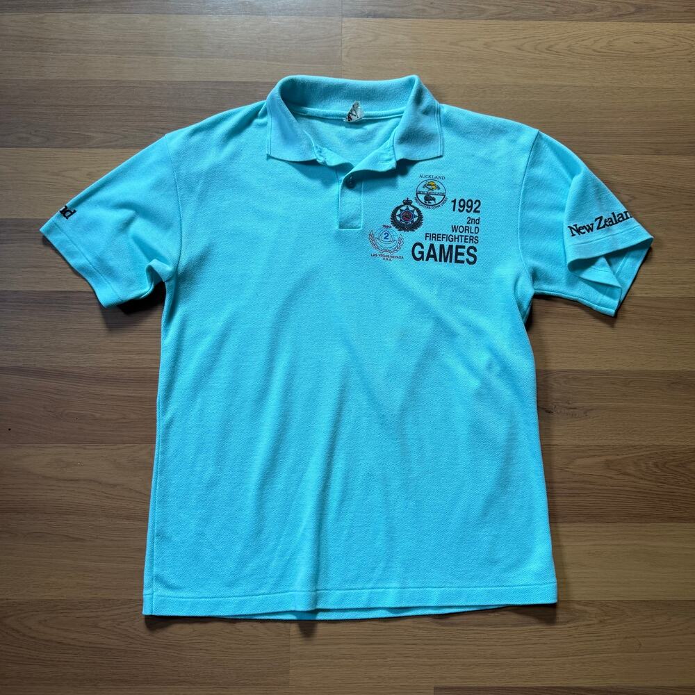 Vintage 1992 90's New Zealand World Firefighter Games Blue Polo Shirt Sz Medium